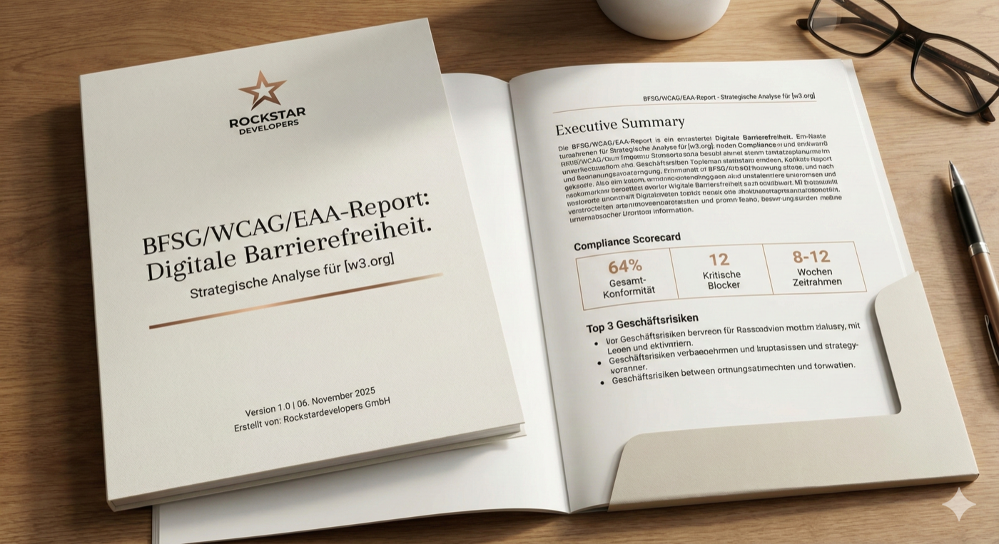 BFSG Compliance Report Beispiel - Professioneller Report mit Executive Summary, Compliance Scorecard und Geschäftsrisiken